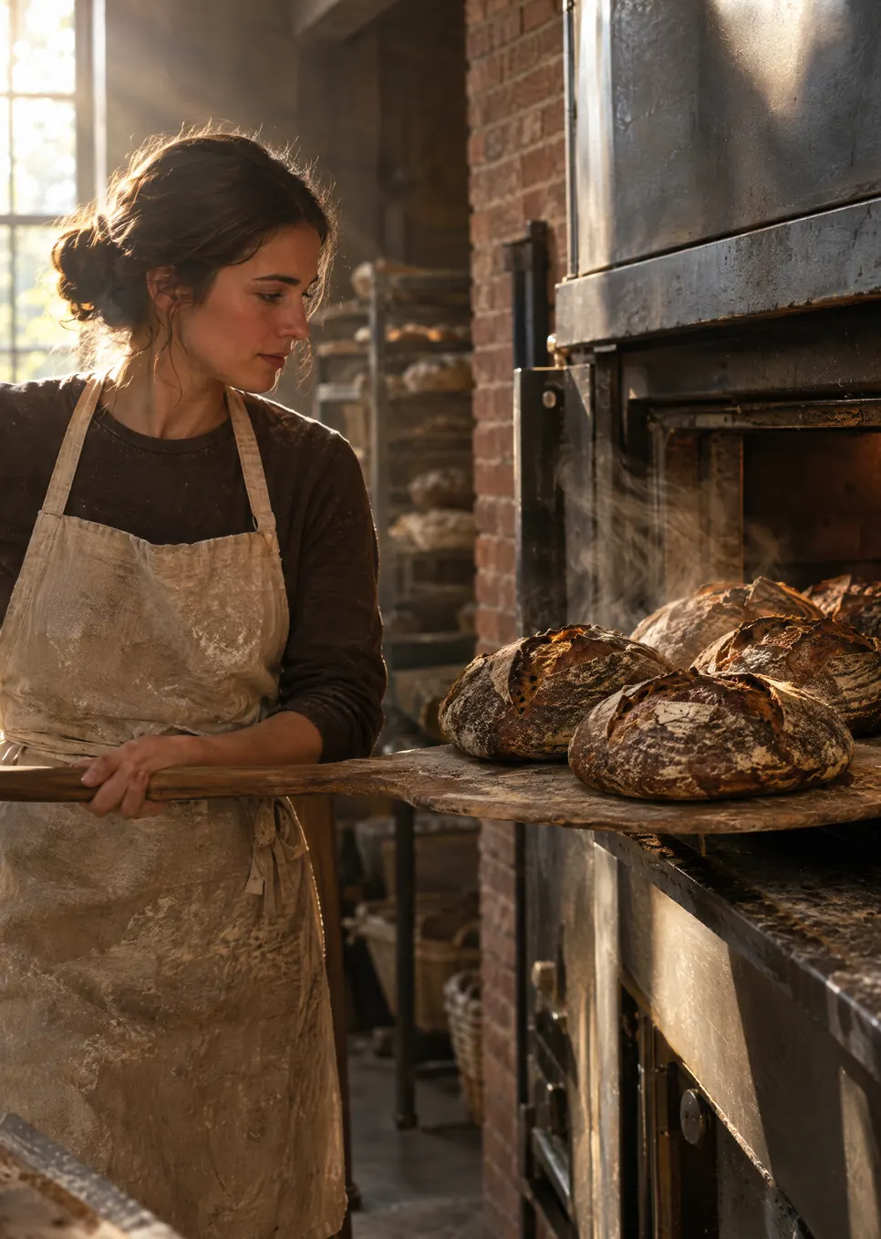 A baker drawing a tray of sourdough loaves out of the deck oven