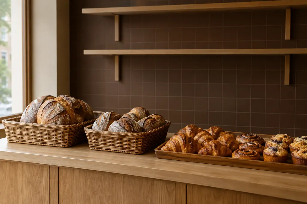 The bakery counter at opening, baskets of bread on the shelf behind
