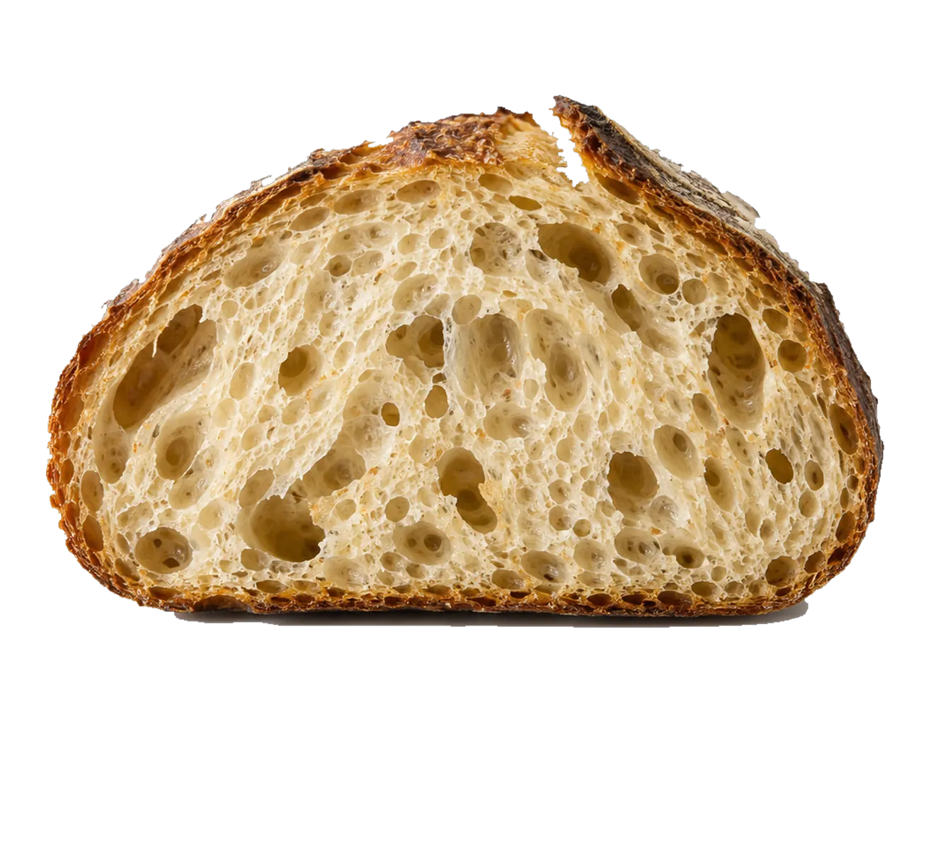 The same loaf halved, showing an open crumb