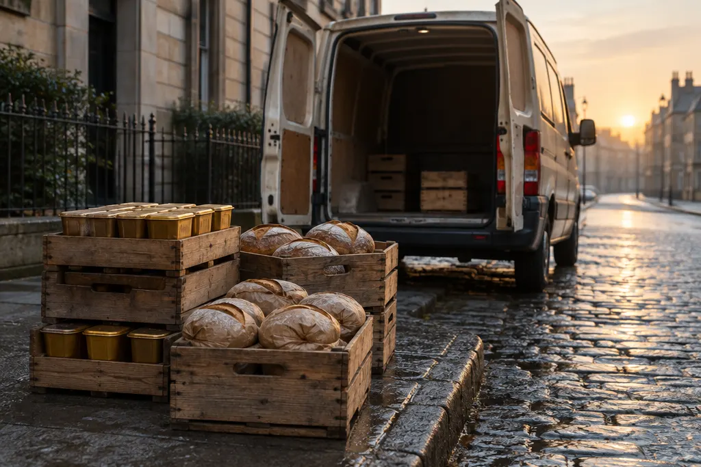 Crates of bread being loaded into a delivery van on a cobbled street at dawn